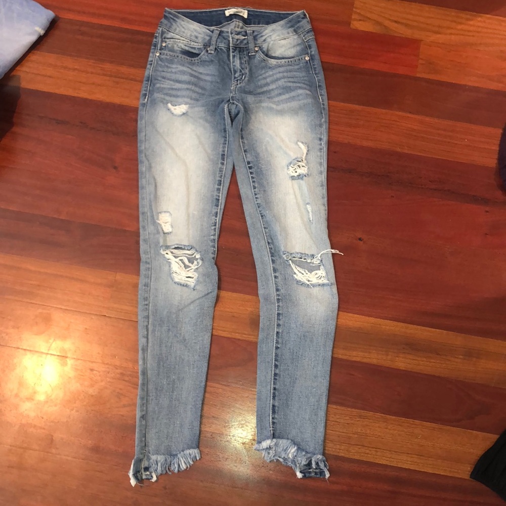 Distressed, fringe ankle jeans